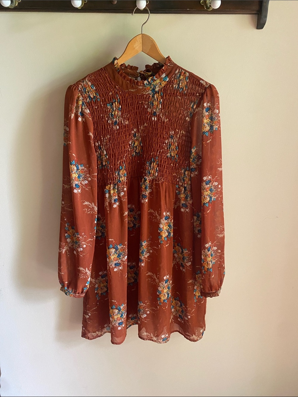 As U Wish Rust Floral Ruffled Smocked Dress